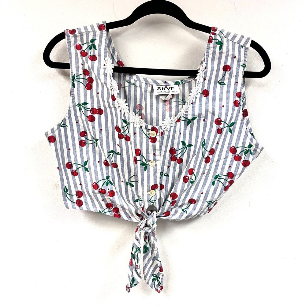 Vintage Women's  crop top blue white stripe cherry print lace collar 100% cotton